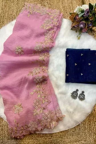 Pink Color Embroidery& Moti Work Scalloped Cut work Border Silk Saree