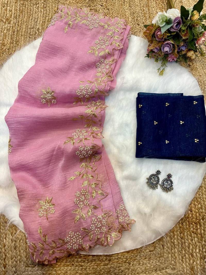 Pink Color Embroidery& Moti Work Scalloped Cut work Border Silk Saree