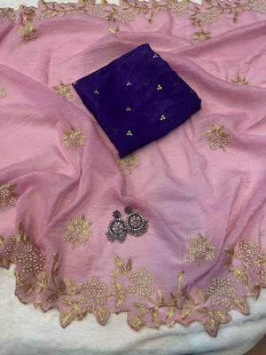 Pink Color Embroidery& Moti Work Scalloped Cut work Border art silk saree 2