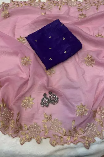 Pink Color Embroidery& Moti Work Scalloped Cut work Border art silk saree