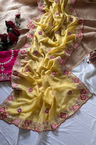 Light Yellow Color  zari border with zarkhan work georegett Saree