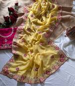 Light Yellow Color  zari border with zarkhan work georegett Saree