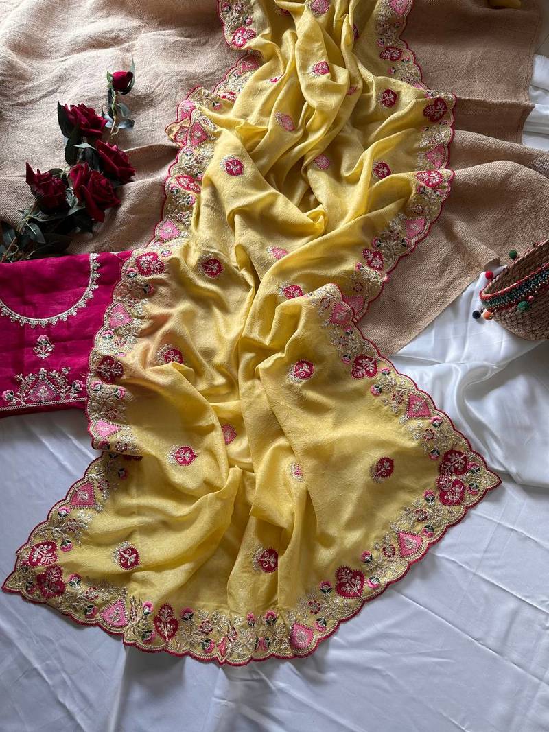 Light Yellow Color  zari border with zarkhan work georegett Saree