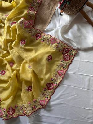 Light Yellow Color  zari border with zarkhan work georegett Saree 2