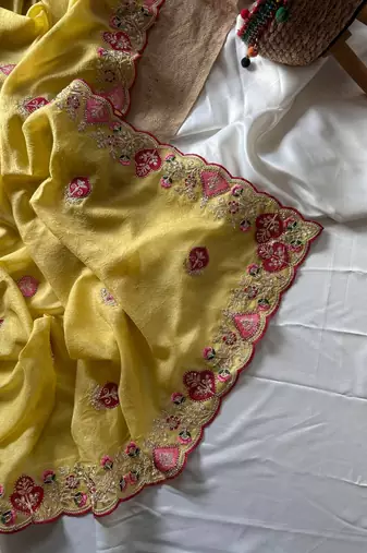 Light Yellow Color  zari border with zarkhan work georegett Saree