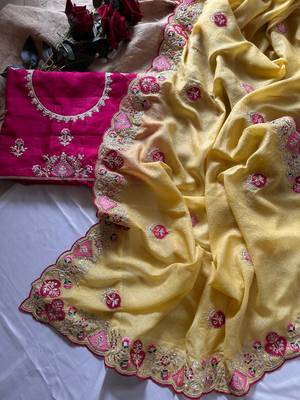 Light Yellow Color  zari border with zarkhan work georegett Saree 3