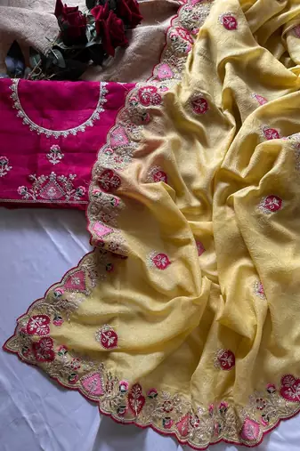 Light Yellow Color  zari border with zarkhan work georegett Saree