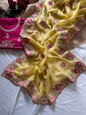 Light Yellow Color  zari border with zarkhan work georegett Saree 4