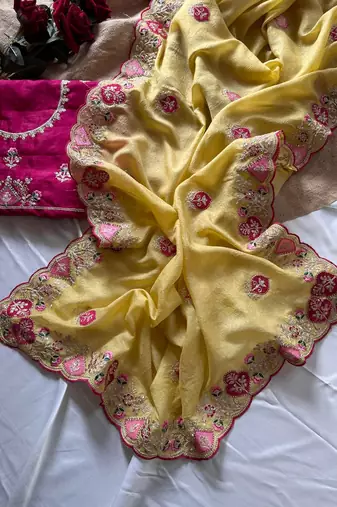 Light Yellow Color  zari border with zarkhan work georegett Saree
