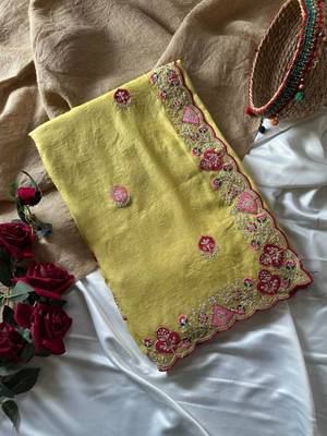 Light Yellow Color  zari border with zarkhan work georegett Saree 5