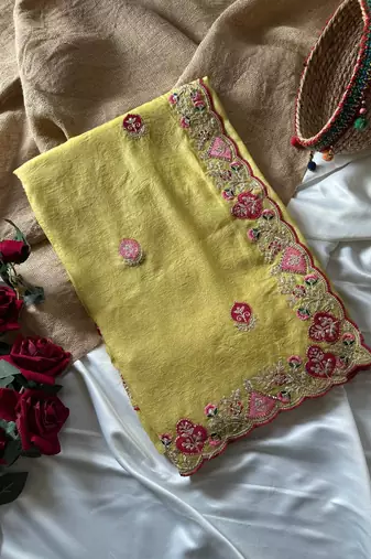 Light Yellow Color  zari border with zarkhan work georegett Saree