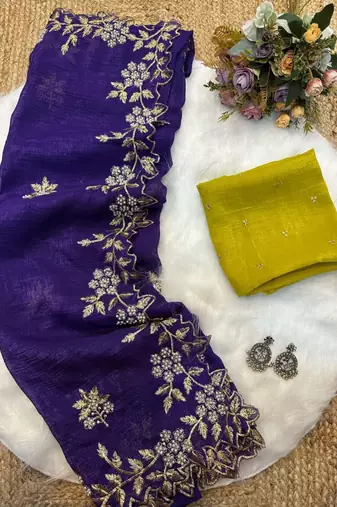 Purple Color Embroidery& Moti Work Scalloped Cut work Border Silk Saree