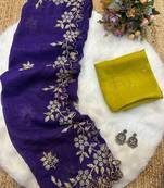 Purple Color Embroidery& Moti Work Scalloped Cut work Border Silk Saree