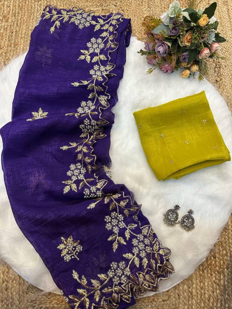 Purple Color Embroidery& Moti Work Scalloped Cut work Border Silk Saree