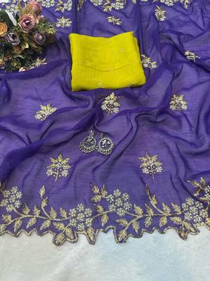 Purple Color Embroidery& Moti Work Scalloped Cut work Border art silk saree 2