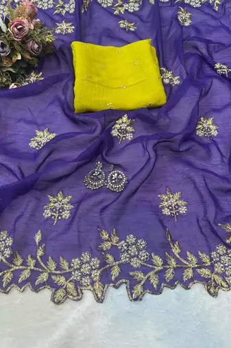 Purple Color Embroidery& Moti Work Scalloped Cut work Border art silk saree