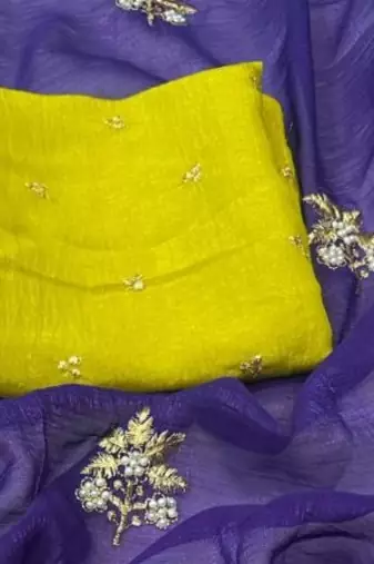 Purple Color Embroidery& Moti Work Scalloped Cut work Border art silk saree
