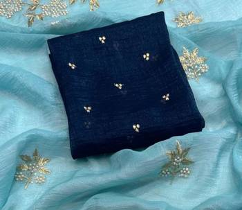 Sky Blue Color Embroidery& Moti Work Scalloped Cut work Border art silk saree 1
