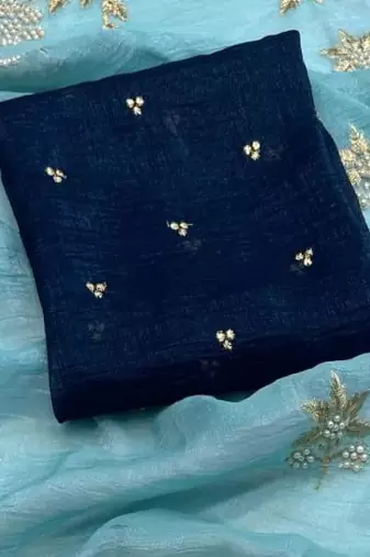 Sky Blue Color Embroidery& Moti Work Scalloped Cut work Border Silk Saree