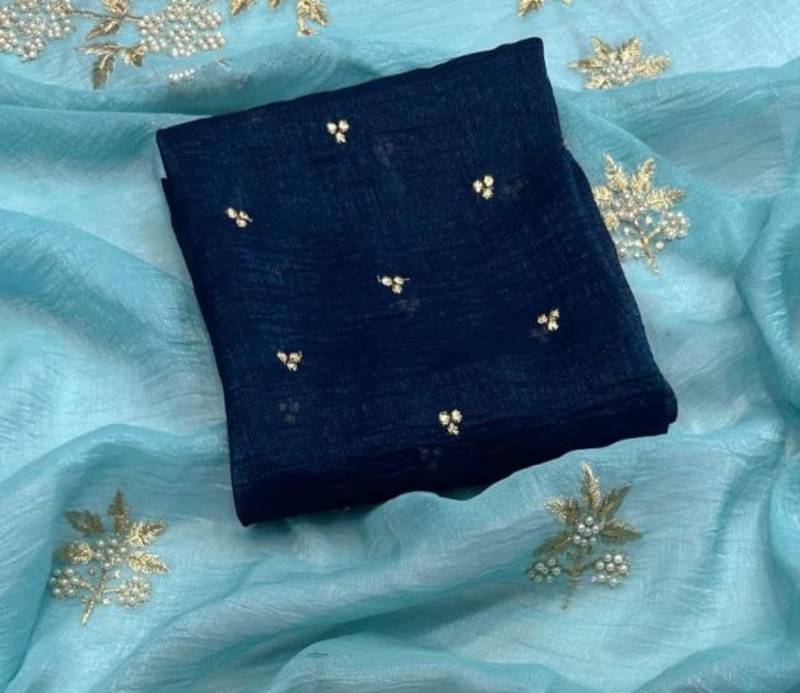 Sky Blue Color Embroidery& Moti Work Scalloped Cut work Border Silk Saree