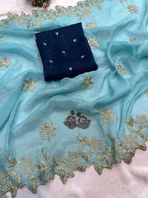 Sky Blue Color Embroidery& Moti Work Scalloped Cut work Border art silk saree 2