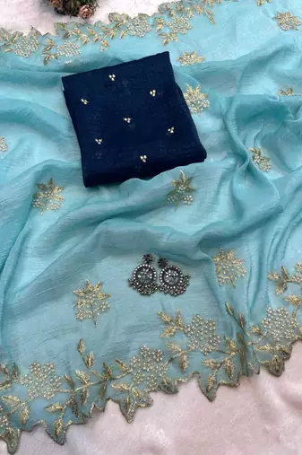 Sky Blue Color Embroidery& Moti Work Scalloped Cut work Border art silk saree