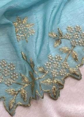Sky Blue Color Embroidery& Moti Work Scalloped Cut work Border art silk saree 3