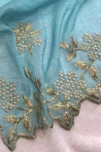 Sky Blue Color Embroidery& Moti Work Scalloped Cut work Border art silk saree