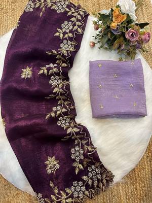 Wine Color Embroidery& Moti Work Scalloped Cut work Border art silk saree 1