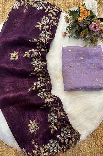 Wine Color Embroidery& Moti Work Scalloped Cut work Border Silk Saree