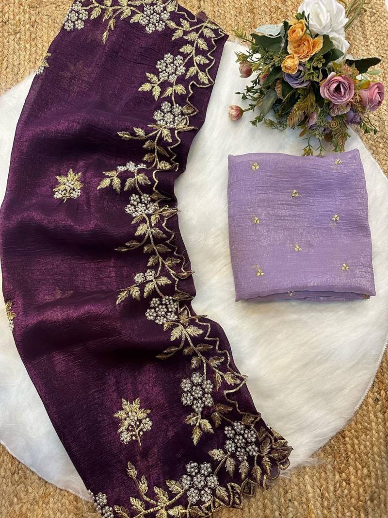 Wine Color Embroidery& Moti Work Scalloped Cut work Border Silk Saree