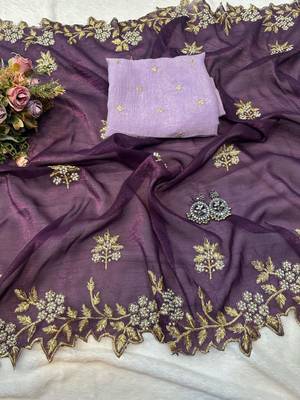 Wine Color Embroidery& Moti Work Scalloped Cut work Border art silk saree 2
