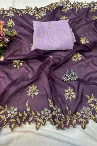 Wine Color Embroidery& Moti Work Scalloped Cut work Border art silk saree