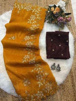 yellow Color Embroidery& Moti Work Scalloped Cut work Border art silk saree 1