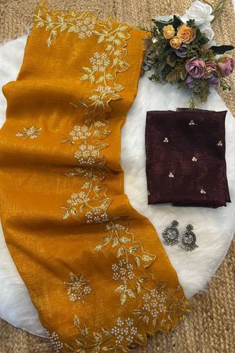 yellow Color Embroidery& Moti Work Scalloped Cut work Border Silk Saree