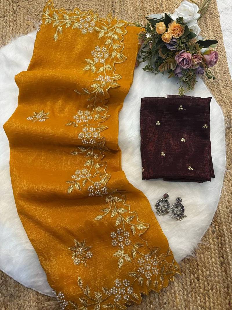 yellow Color Embroidery& Moti Work Scalloped Cut work Border Silk Saree