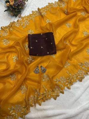 yellow Color Embroidery& Moti Work Scalloped Cut work Border art silk saree 2