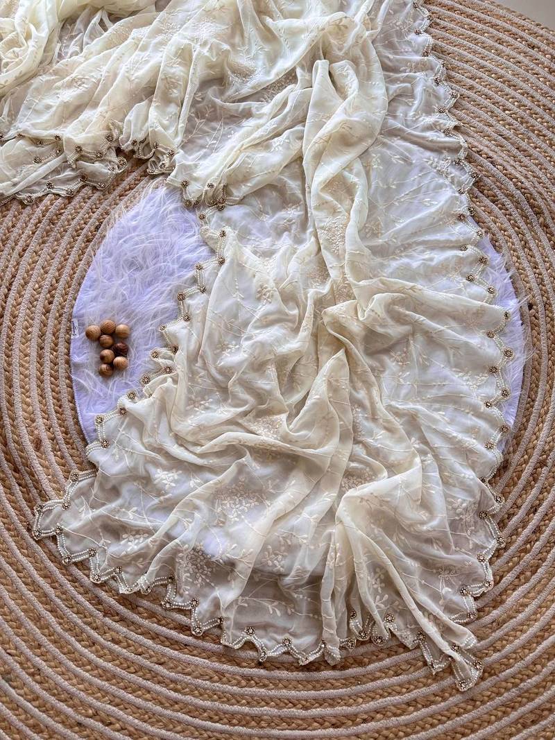 White Color Viscos Thread Work Border Georgette Silk Saree