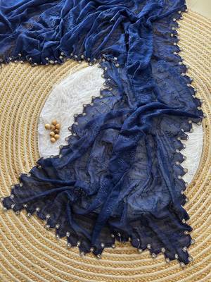 Navy Blue Color Viscos Thread Work Border Georgette Silk Saree 1