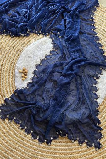 Navy Blue Color Viscos Thread Work Border Georgette Silk Saree