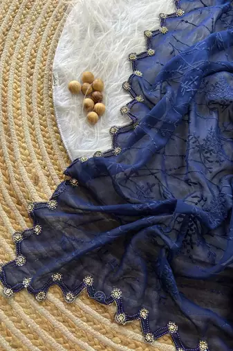 Navy Blue Color Viscos Thread Work Border Georgette Silk Saree