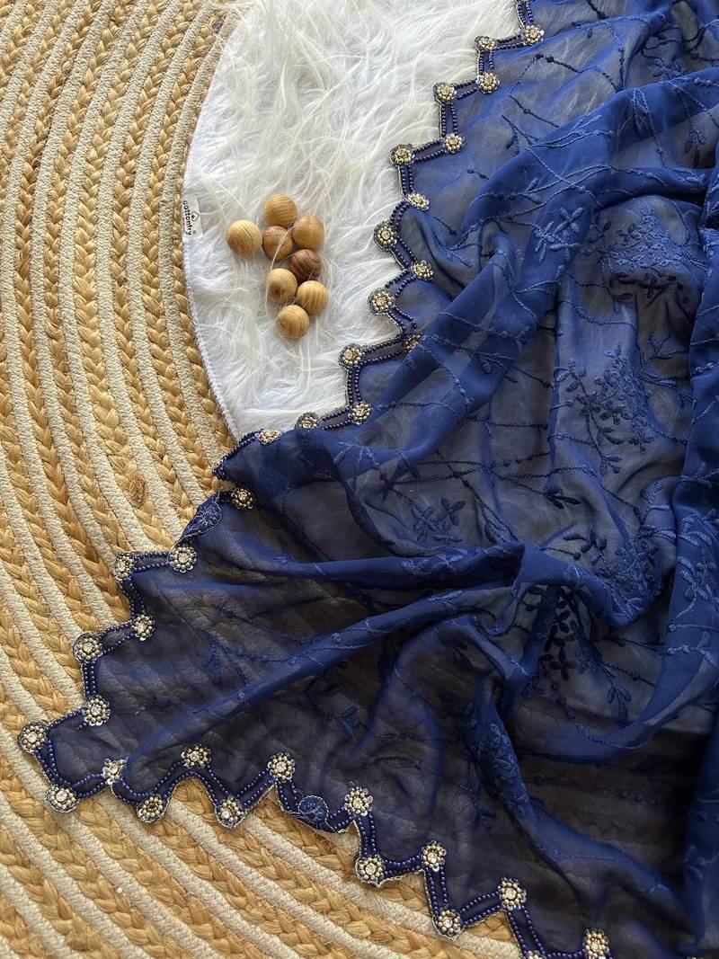 Navy Blue Color Viscos Thread Work Border Georgette Silk Saree