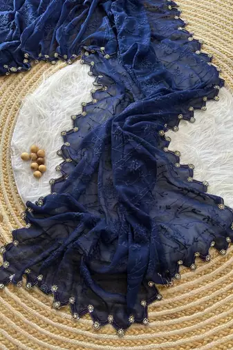 Navy Blue Color Viscos Thread Work Border Georgette Silk Saree