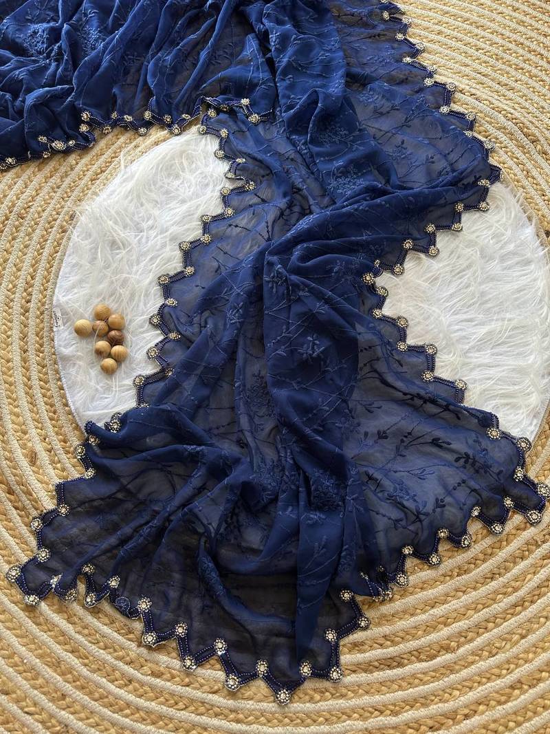Navy Blue Color Viscos Thread Work Border Georgette Silk Saree