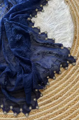 Navy Blue Color Viscos Thread Work Border Georgette Silk Saree