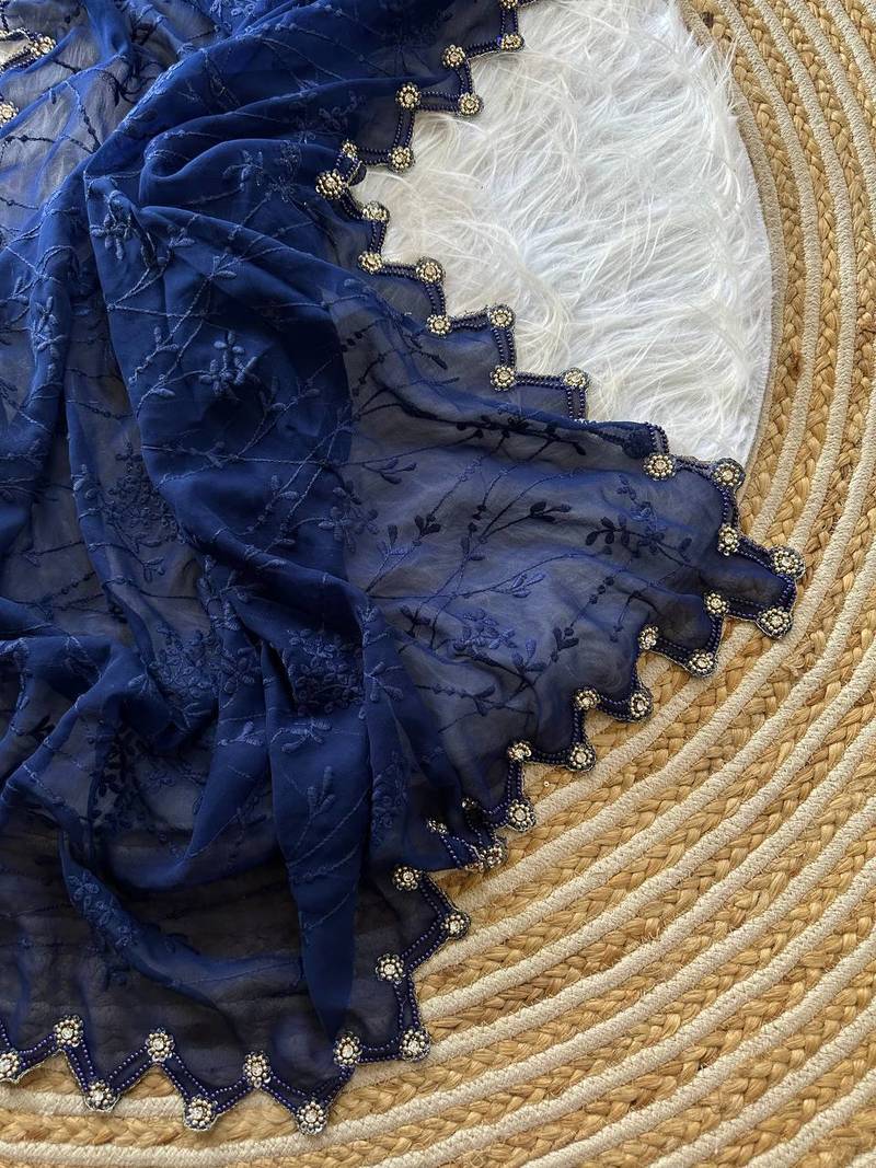 Navy Blue Color Viscos Thread Work Border Georgette Silk Saree