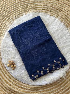 Navy Blue Color Viscos Thread Work Border Georgette Silk Saree 5
