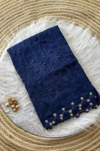 Navy Blue Color Viscos Thread Work Border Georgette Silk Saree