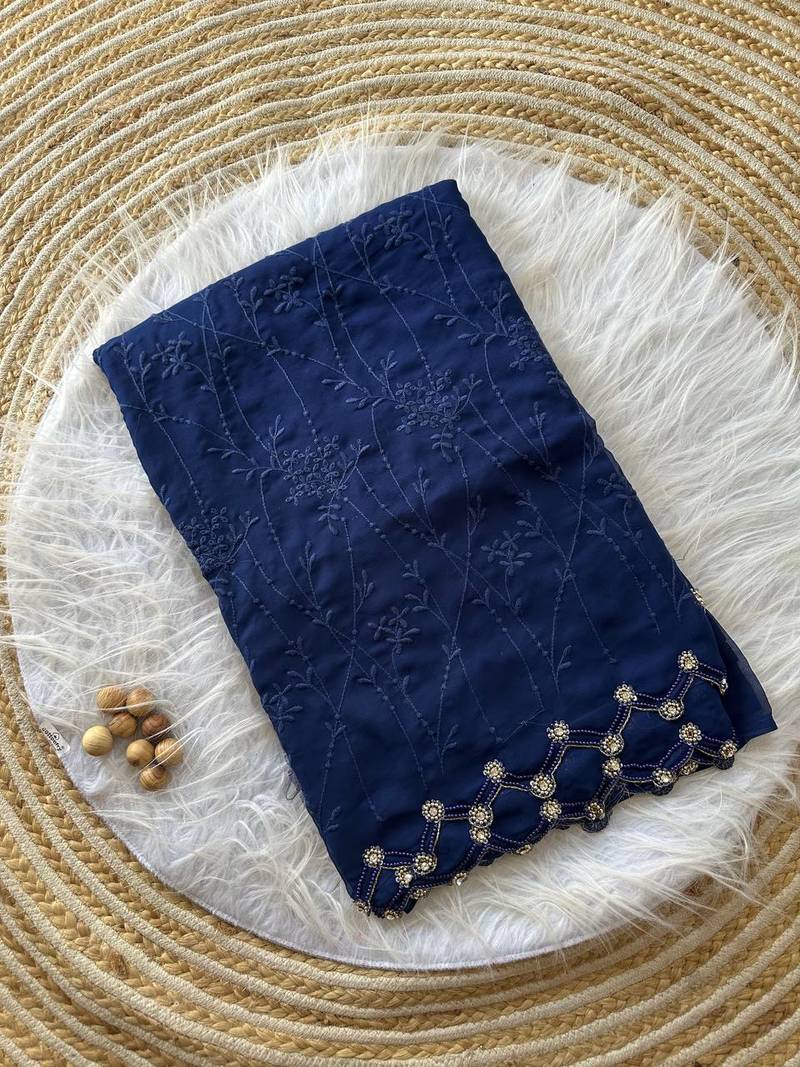 Navy Blue Color Viscos Thread Work Border Georgette Silk Saree