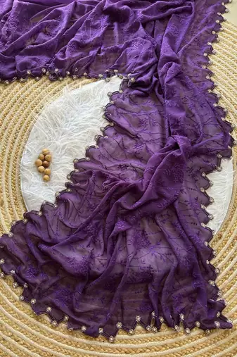 Dark Lavender  Color Viscos Thread Work Border Georgette Silk Saree